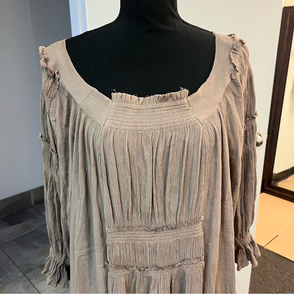 Free People Flowy Pleated Mini Dress XS Oversized Smocked Long Sleeve Boho - Picture 4 of 11